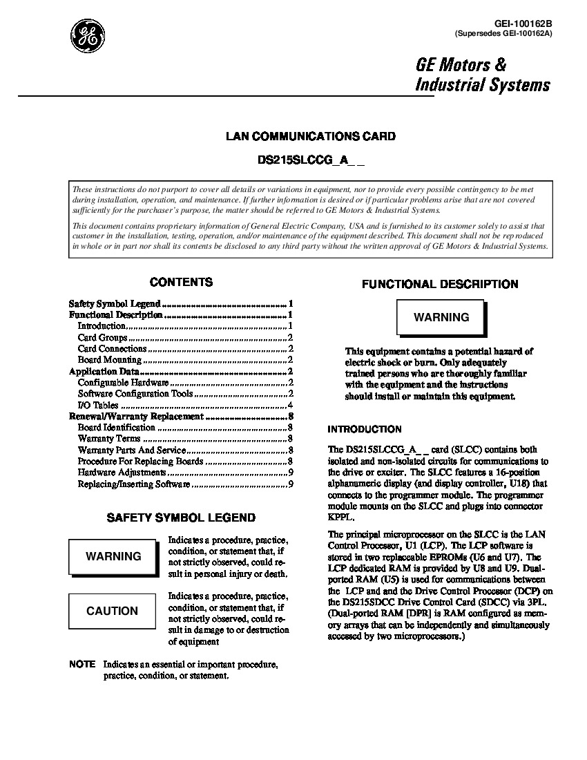 First Page Image of DS200SLCCG3ADC LAN Communications Card GEI-100162 Manual.pdf